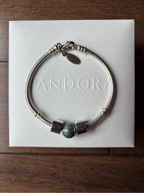 Pandora Silver Bracelet with Green Pave Charm and two spacers